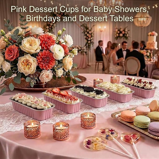 YQER 100 Pack Mini Loaf Pans with Lids and Spoons, 6.8oz Disposable Aluminum Foil Mini Cake Pans and Baking Tins with Sealing Stickers, Individual Pink Dessert Containers for Parties and Gifts