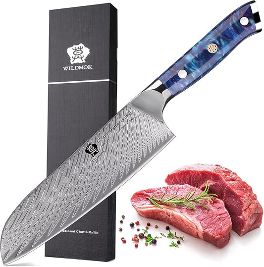 WILDMOK Santoku Knife, 7 Inch kitchen knife, Japanese Damascus Forged Steel Multifunction Kitchen Knives & Resin Handle, Sharp Damascus Kitchen Knife