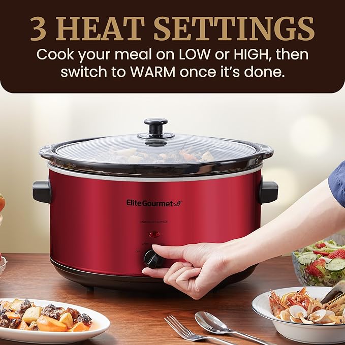 Elite Gourmet MST-900RXT Electric Ceramic XL Jumbo Slow Cooker, Adjustable Temp, Entrees, Sauces, Stews & Dips, Dishwasher Safe Glass Lid & Crock, 8.5Qt, Metallic Red