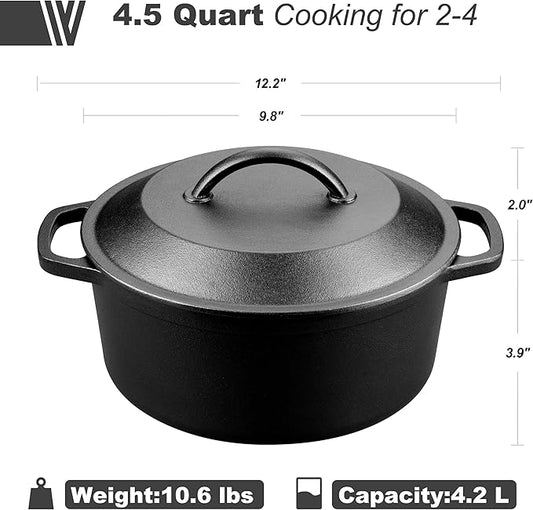 VORRINGARD Pre-Seasoned Cast Iron Dutch Oven with Lid, Round and Dual Handles, for Stovetop, Camping, Grill, Induction, Electric, Black, 4.5qt