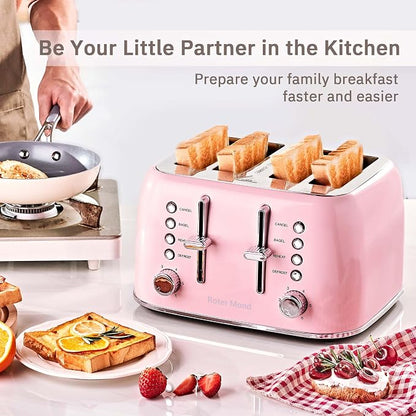 Roter Mond Toaster 4 Slice Retro Stainless Steel with Extra Wide Slots Bagel, Defrost, Reheat Function, Dual Independent Control Panel, Removable Crumb Tray, 6 Browning Levels, Pink