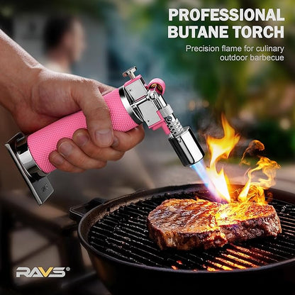 RAVS Butane Torch, Premium Metal Pink Torch Lighter with Adjustable Flame & Safety Buckle, Food Torch for Baking, BBQ, Desserts, Unique Gifts for Women, Butane Fuel Not Included