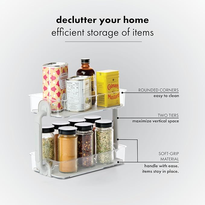 madesmart Tiered Spice Organizer, 8 Jars for Kitchen Essentials, Vertical Storage for Salt, Pepper, Cayenne, Soft-Grip Lining, Dual Handles, Grey (Pack of 3)