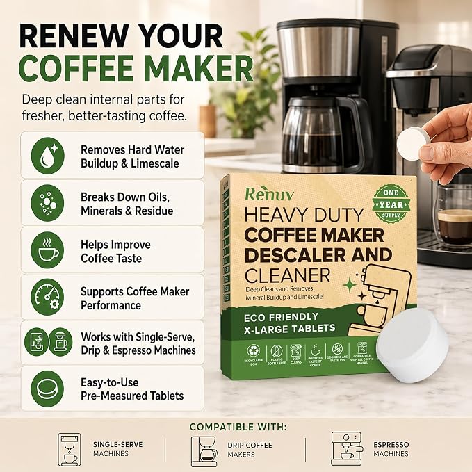 Renuv® Coffee Maker Cleaner + Dishwasher Cleaner Bundle | Heavy Duty, Kitchen Appliance Deep Cleaning, Descaling, 12 Tablets of Each