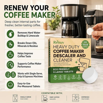 Renuv® Coffee Maker Cleaner + Dishwasher Cleaner Bundle | Heavy Duty, Kitchen Appliance Deep Cleaning, Descaling, 12 Tablets of Each