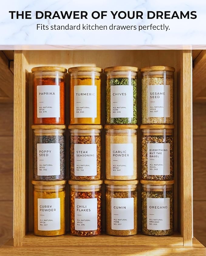 Bloomondo Glass Spice Jars with Label Pack (12x Bamboo Lid Glass Jar) Small 6oz Empty Spice Storage Bottles with 112 Printed Stickers and 48 Writable Pantry Labels for Seasoning Containers