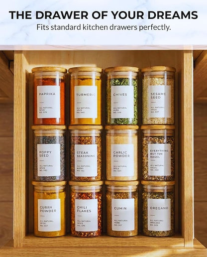 Bloomondo Glass Spice Jars with Label Pack (12x Bamboo Lid Glass Jar) Small 6oz Empty Spice Storage Bottles with 112 Printed Stickers and 48 Writable Pantry Labels for Seasoning Containers
