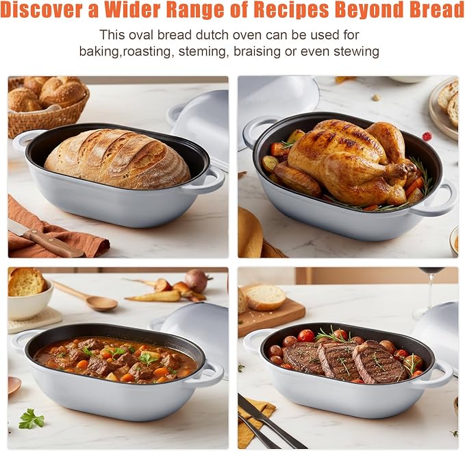 Enameled Cast Iron Sourdough Bread Oven, 2.5 QT Loaf Cast Iron Bread Pan with Lid, Oval Dutch Oven for Homemade Bread Baking, Meatloaf Pan with Lid (Light Gray)