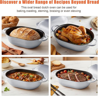 Enameled Cast Iron Sourdough Bread Oven, 2.5 QT Loaf Cast Iron Bread Pan with Lid, Oval Dutch Oven for Homemade Bread Baking, Meatloaf Pan with Lid (Light Gray)