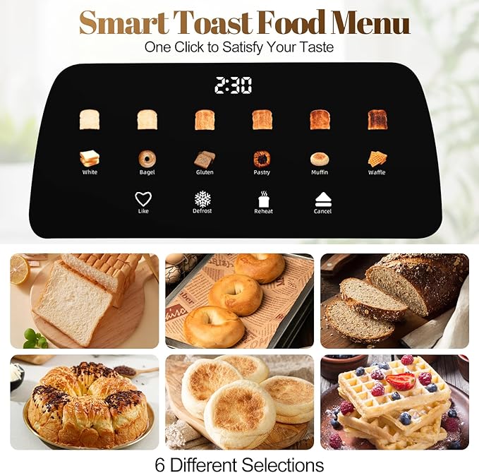Tesslux 4 Slice Toaster with Touch Screen Control, 1.5" Wide Long Slots, 6 Browning Levels & 6 Bread Types, Digital Timer, Memory, Defrost, Reheat (Black, 4 Slice)