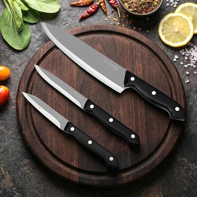 3-Piece Kitchen Knife Set: 8" Chef, 5" Utility, 4.5" Paring Knife. Stainless Steel Blades in Black, Ideal for Cooking, Chopping, Slicing and BBQ.