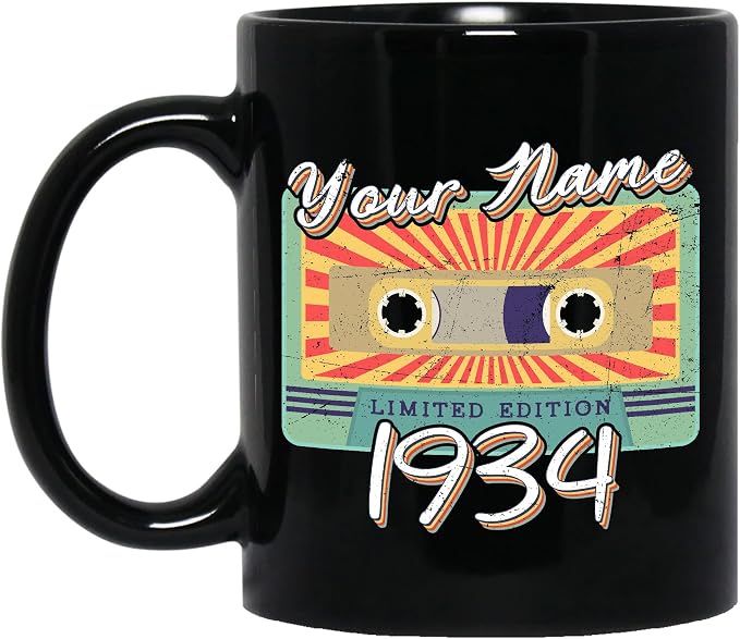 Personalized Vintage Cassette Tape Vintage 1934 Mug, Custom Your Name, 1934 Retro Coffee Mug, 88th Birthday Present Gifts, 1934 Birthday Gift For Friends Family, Customizable Black Tea Cups