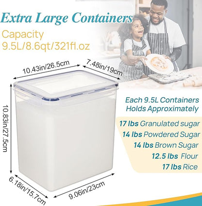 Vtopmart 9.5L 2 Pack Extra Large Flour Sugar Storage Containers, Each for 12.5 lbs flour, Airtight Kitchen Pantry Organization Canisters with Lids for Bulk food, Rice, Baking Supplies, BPA Free, Black