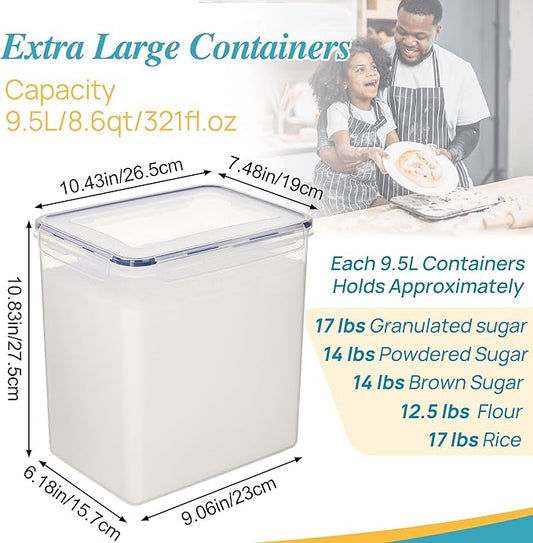 Vtopmart 9.5L 2 Pack Extra Large Flour Sugar Storage Containers, Each for 12.5 lbs flour, Airtight Kitchen Pantry Organization Canisters with Lids for Bulk food, Rice, Baking Supplies, BPA Free, Black