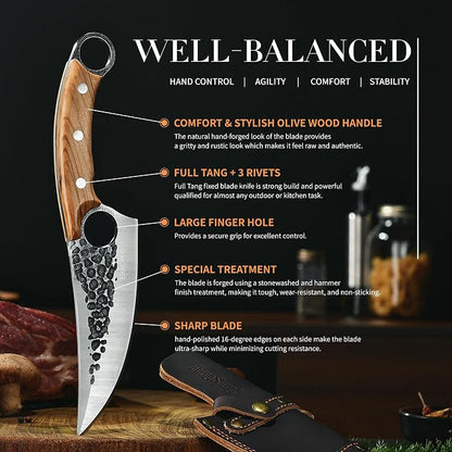 ZhengSheng Forged Viking Kitchen Knife with Olive Wood Grip & Protective Leather Sheath, Perfect for Home Cooking, Camping and BBQ