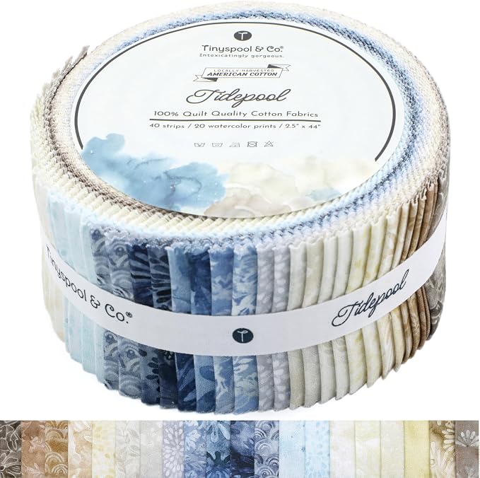 Tinyspool & Co.'s Twirlie Roll 40 Precut Quilting Fabric Strips for Quilting Supplies, Crafting, and Sewing, Soft Cotton Strip for Blanket, Rug, Upholstery, Home Decor, and Purse Making, Tidepool