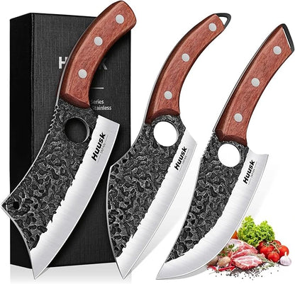 Huusk Butcher Knife Set of 3- Japanese Knife Set for Meat Cutting, Hand Forged Viking Knives Sets with Meat Cleaver, Heavy-Duty Kitchen Knives Sets for Bone BBQ Vegetable, Fathers' Day Gift for Dad