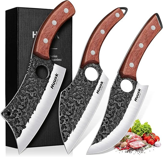 Huusk Butcher Knife Set of 3- Japanese Knife Set for Meat Cutting, Hand Forged Viking Knives Sets with Meat Cleaver, Heavy-Duty Kitchen Knives Sets for Bone BBQ Vegetable, Fathers' Day Gift for Dad