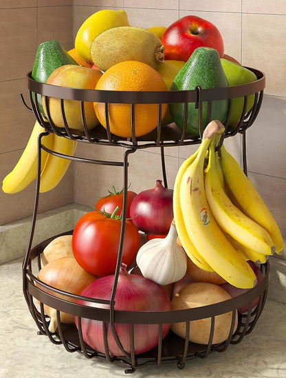 Sevenblue 2 Tier Fruit Basket for Kitchen Counter with 2 Banana Hangers, 2026 Pro Detachable Metal Fruit Bowl with Wooden Handle,Fruit Holder for Bread Snack Veggies, Brown Extra Large