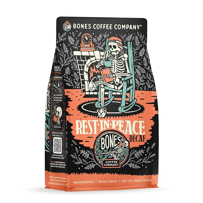 Bones Coffee Company Rest in Peace Decaffeinated Flavored Coffee, Medium Roast Low Acid Arabica Beans Compatible with Auto drip and French Press Coffee Maker, 12 Oz Whole Bean