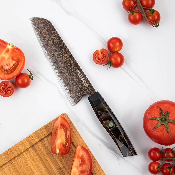 Kurogane 7-Inch Santoku Knife | VG-10 Damascus Steel | Granton Edge | G10 & Copper Handle