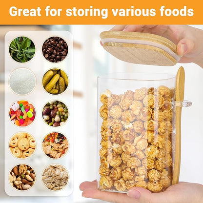 Glass Storage Jars with Airtight Lid - 4 Pack 37 Fl.oz Square Glass Jars with Bamboo Lids and Spoon, Includes Labels and Marker, Large Kitchen Canisters for Cereal, Flour, Sugar Coffee Container