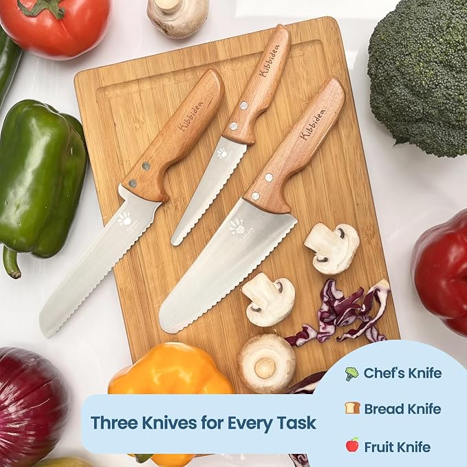 Kibbidea Kids Knife Set for Real Cooking, 4PCS Safe Kitchen Knives for Toddlers and Kids, Food-Grade Stainless Steel Blades for Cutting and Chopping, Child-Safe Beginner Chef Set, BPA-Free
