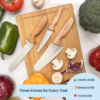 Kibbidea Kids Knife Set for Real Cooking, 4PCS Safe Kitchen Knives for Toddlers and Kids, Food-Grade Stainless Steel Blades for Cutting and Chopping, Child-Safe Beginner Chef Set, BPA-Free