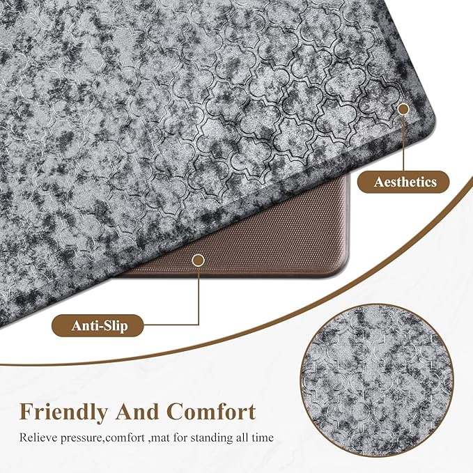 HEBE Kitchen Mat Cushioned Anti Fatigue Comfort Floor Mat 20"x60" Waterproof Non Slip Kitchen Rug Runner Laundry Room Rug Floor Carpet Heavy Duty Comfort Standing Mat Pads,Silver Grey
