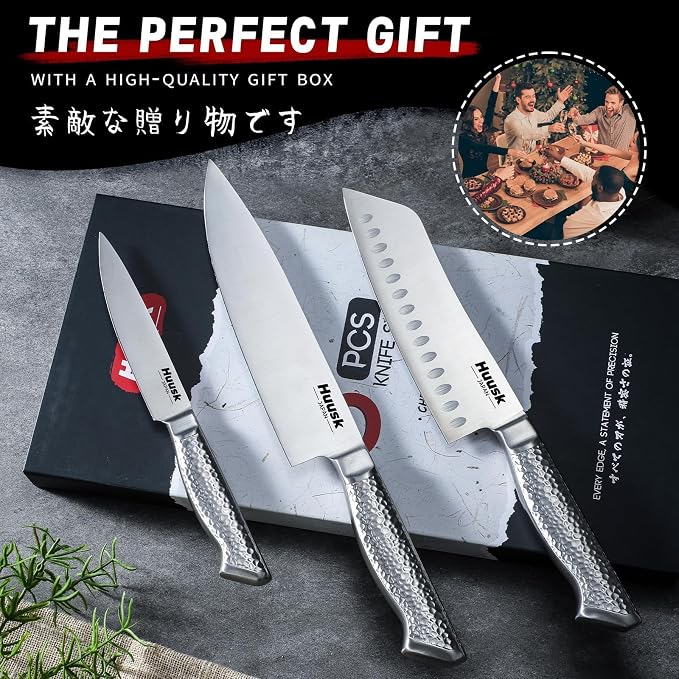 Huusk Chef Knife Set of 3, Japanese Stainless Steel Knife Set Dishwasher Safe, Ultra Sharp Kitchen Knives Sets with Ergonomic Anti-slip Handle, Professional Cooking Knives Sets, Christmas Gift for Men
