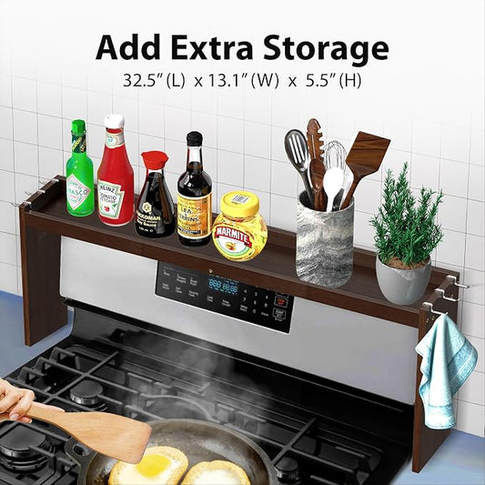 IIIOIIIA Bamboo Over the Stove Spice Rack Organizer Shelf for Kitchen, 31.5" with 6 Hooks, 11.4" Height Extra Storage Countertop, Easy to Assemble, Walnut