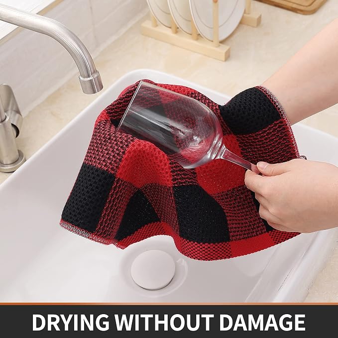 Homaxy 100% Cotton Waffle Weave Check Plaid Dish Cloths, 12 x 12 Inches, Super Soft and Absorbent Dish Towels Quick Drying Dish Rags, 6-Pack, Black & Red