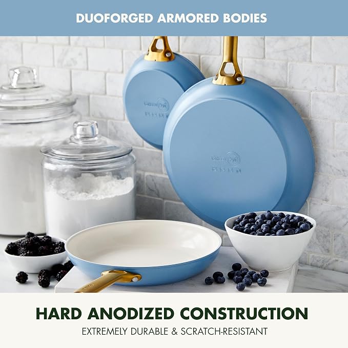 GreenPan Hard Anodized Healthy Ceramic Nonstick 8" 10" & 12" 3 Piece Frying Pan Skillet Set, Gold Handle, PFAS-Free, Dishwasher Safe, Oven Safe, Sky Blue
