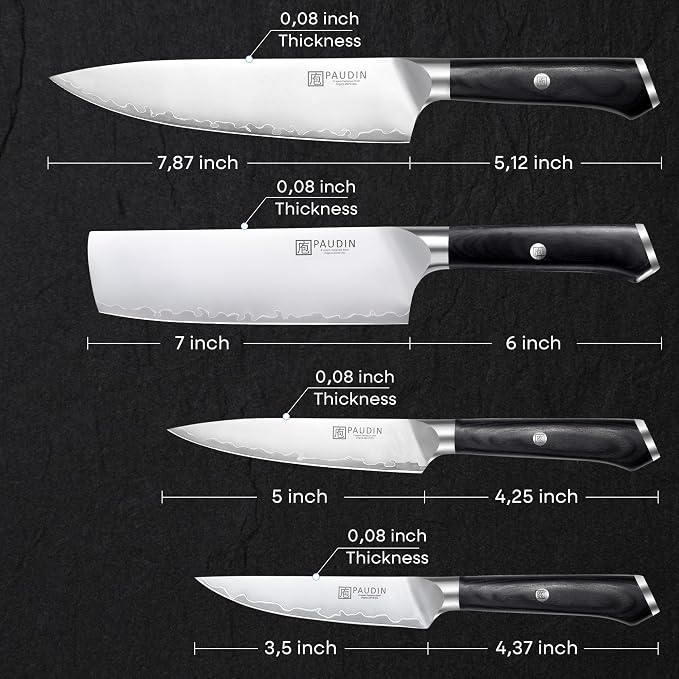PAUDIN Kitchen Knife Set, Ultra-Sharp Damascus Clad Steel Knives for Meat and Vegetables, Ergonomic Wooden Handle,62 HRC Modern Kitchen Chef Knife Set for Cooking,BBQ,Meal Prep,Gifts for Men and Women