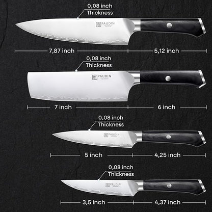PAUDIN Kitchen Knife Set, Ultra-Sharp Damascus Clad Steel Knives for Meat and Vegetables, Ergonomic Wooden Handle,62 HRC Modern Kitchen Chef Knife Set for Cooking,BBQ,Meal Prep,Gifts for Men and Women