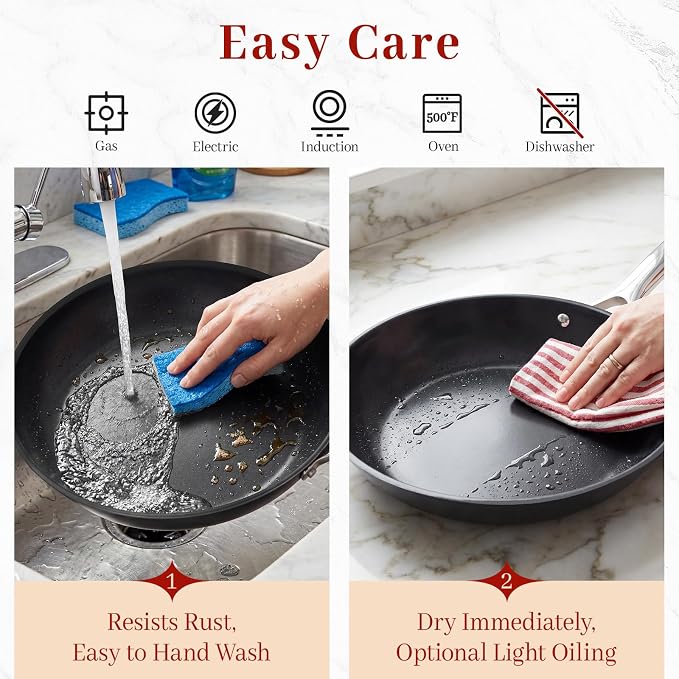Carbon Steel Frying Pan 12" - Pre-Seasoned Carbon Steel Skillet, Lightweight, Natural Non-Stick, Induction Compatible