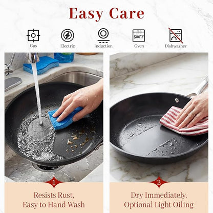 Carbon Steel Frying Pan 12" - Pre-Seasoned Carbon Steel Skillet, Lightweight, Natural Non-Stick, Induction Compatible