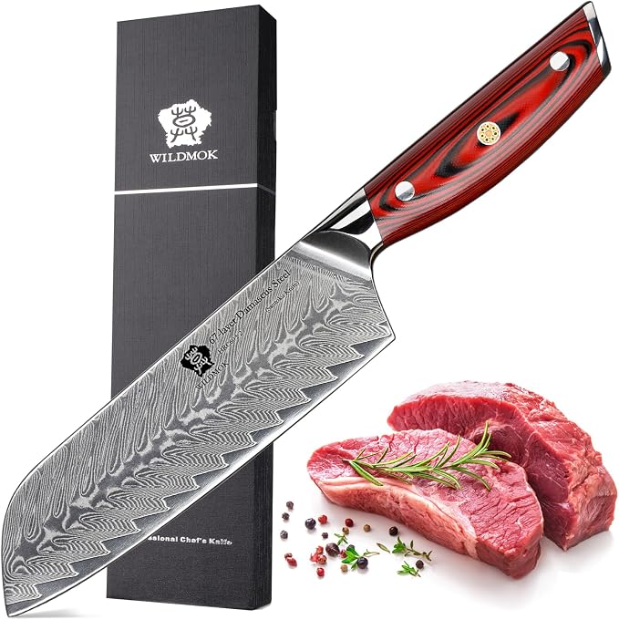 WILDMOK Damascus Santoku Knife, 7 Inch Sharp Professional Meat Vegetable Knife, Japanese Super VG10 Steel Multifunction Asian Knife with Full Tang G10 Handle-Song Series
