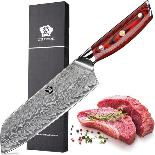 WILDMOK Damascus Santoku Knife, 7 Inch Sharp Professional Meat Vegetable Knife, Japanese Super VG10 Steel Multifunction Asian Knife with Full Tang G10 Handle-Song Series