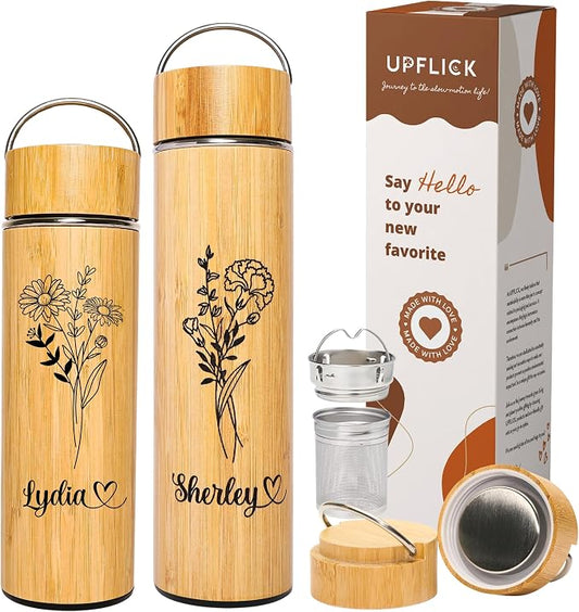 Bamboo Tumbler Customized Name Birth Month Flower Tea Infuser Bottle for Loose Tea Leaves Gift for Mom Personalized (Style D)