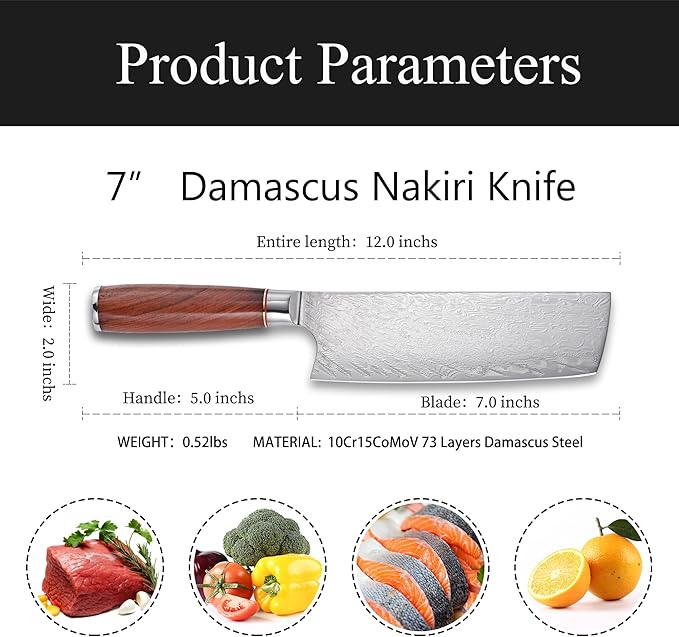 Kitory Nakiri Knife 7", Japanese Usuba, 73-Layer 10Cr15CoMoV Core, Acid-Washed Finish, Burmese Rosewood Handle, Professional Kitchen Knife for Home & Restaurant, Gift Package