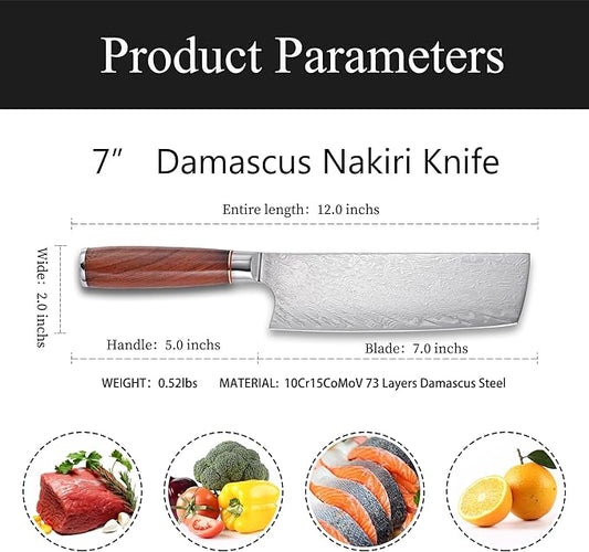 Kitory Nakiri Knife 7", Japanese Usuba, 73-Layer 10Cr15CoMoV Core, Acid-Washed Finish, Burmese Rosewood Handle, Professional Kitchen Knife for Home & Restaurant, Gift Package