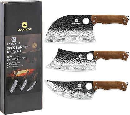 3PCS Butcher Knife Set, includes 7" Butcher Meat Cleaver, 7" Serbian Chef and 6.5" Viking Knife, Stainless Steel Kitchen Knife Set with Wood Handle, Geat for Indoor&Outdoor (Stylish Pattern)