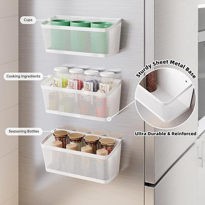 3 Pack White Metal Magnetic Spice Rack for Refrigerator, Heavy Duty Magnet Shelf for Fridge, Drill Free Mesh Organizer Basket for Kitchen, Pantry, Laundry Room, Garage