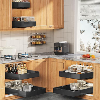 Seinloes 4 Pack Expandable Width (9"-14.1") Pull Out Cabinet Organizer 21" Deep with Raising Pad for Framed Cabinets, Upgrade 3 Slide Rails Slide Out Drawers, Roll Out Shelves Adhesive, Black