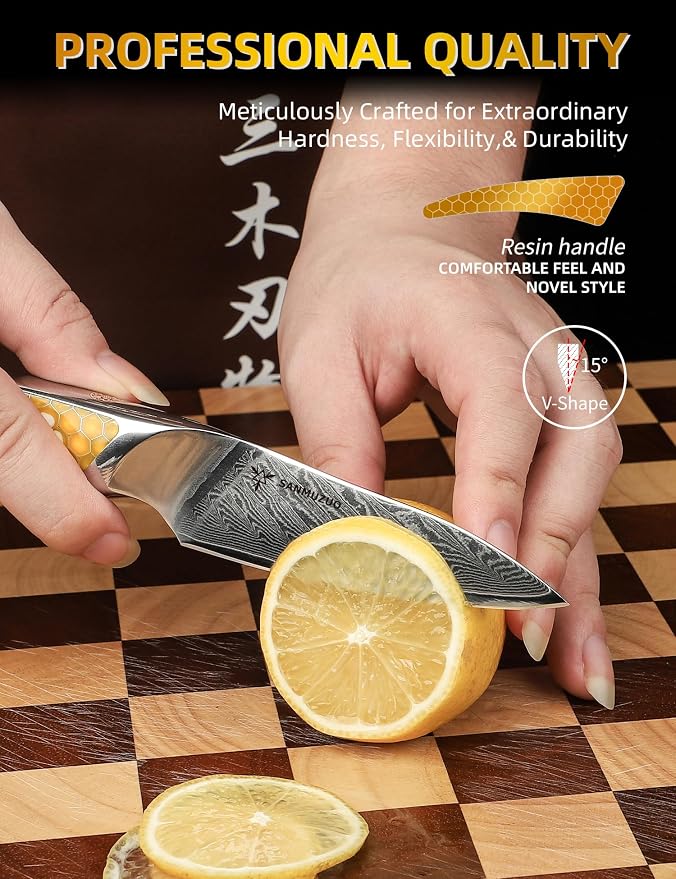 3.5 inch Paring Knife, Japanese VG-10 Damascus Steel Kitchen Knife, Ultra Sharp Fruit Knife with Full-tang Handle in Yellow Resin, LA-S9 Series
