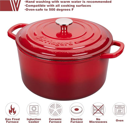 VORRINGARD Enameled Cast Iron Dutch Oven Pot with Lid, for Sourdough Bread Baking, Round Dutch Ovens, 6 Quart, Red