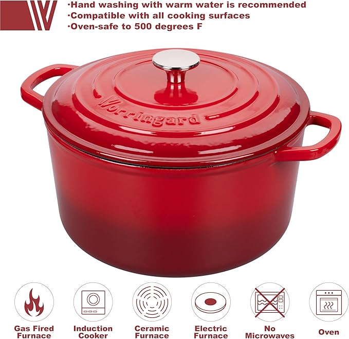 VORRINGARD Enameled Cast Iron Dutch Oven Pot with Lid, for Sourdough Bread Baking, Round Dutch Ovens, 4.5 Quart, Red