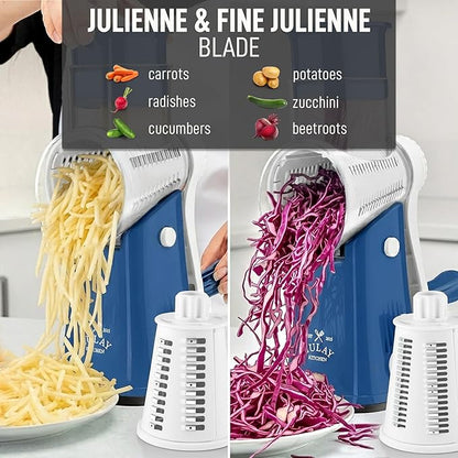 Zulay Kitchen Rotary Cheese Grater 5 Blade Cheese Shredder - Manual Hand Crank Cheese Grater With Reinforced Suction & 5 Interchangeable Drums - Easy to Use, Vegetable Chopper Round Mandoline Slicer