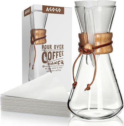 AGOGO Pour Over Coffee Maker Glass with 50pcs Paper Filters -for Home, Office, Camping, Cafes - Easy Clean Coffee Dripper Set (Soft Towel&Brush)(20oz Slim Shape w/Paper Filters)